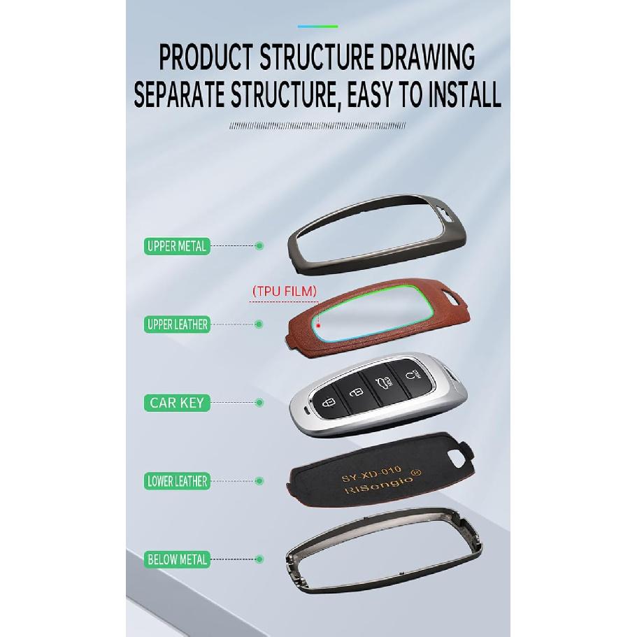 SANRILY PU Leather 4/5/7/8 Button Key Fob Cover Fit for Hyundai Tucson 2024 Palisade Sonata 2023 2022 Santa fe Keyless with Leather Keychain