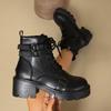 Fashion Chunky Platform Combat Boots for Women Fashion Buckle Strap Thick Heel Ankle Boots Woman Autumn Winter Black PU Leather Booties