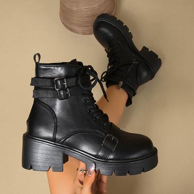 Chunky Platform Combat Boots for Women Buckle Strap Thick Heel Ankle Boots Woman Autumn Winter Black PU Leather Booties