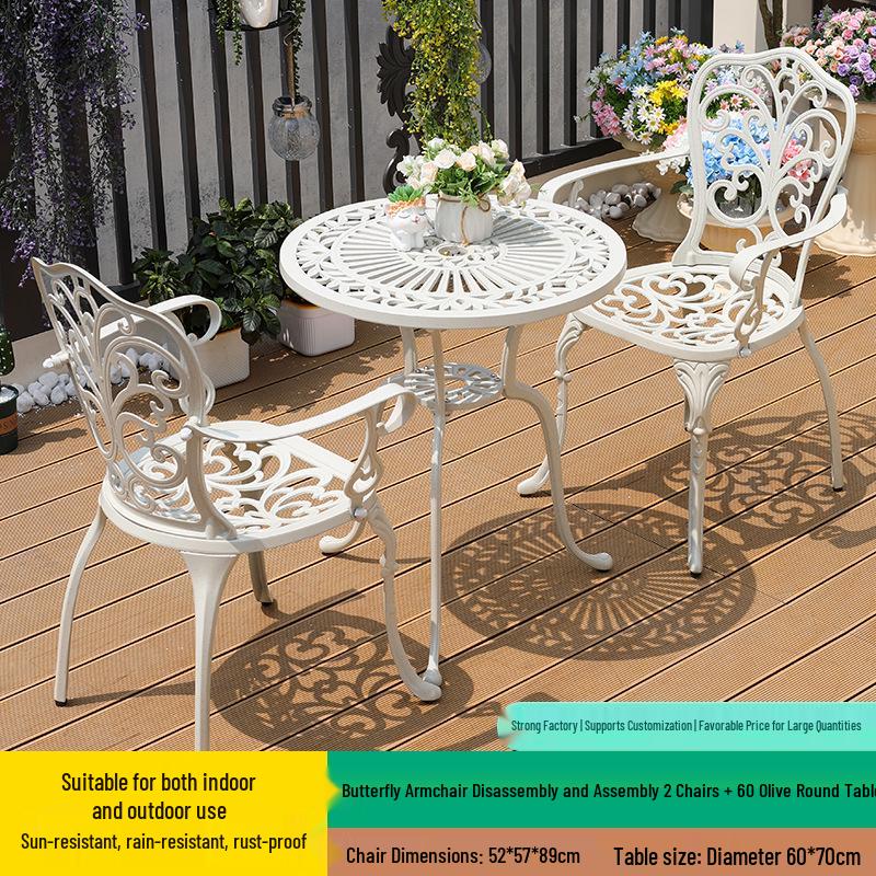 White Wrought Iron Cast Aluminum Outdoor Patio Table and Chairs Set - Waterproof Villa Courtyard Garden Balcony Furniture