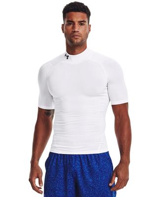 UA HeatGear Armor Compression Short Sleeve Mock Neck Shirt for Men, White/Black/Large