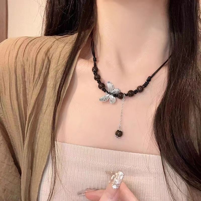 Medieval Retro Butterfly Necklace Female New Chinese Handmade Ceramic Butterfly Collarbone Chain Guochao Drawstring Neck Chain
