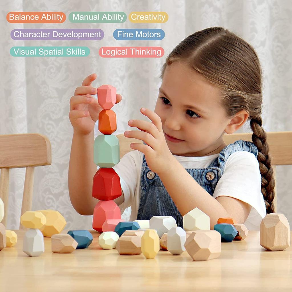 Montessori Toys Children'S Wooden Stacking Toys Stacked Stones Colored Stones Balance Cognitive Stacking Music