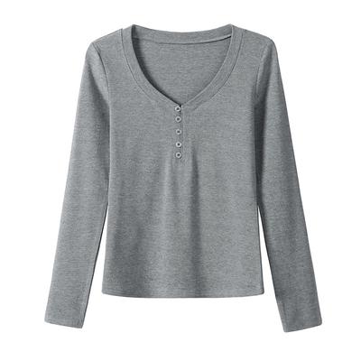 Chique T-shirt met knoopdesign voor dames in de herfst Nieuwe slanke Hot Girl Sexy top met lange mouwen