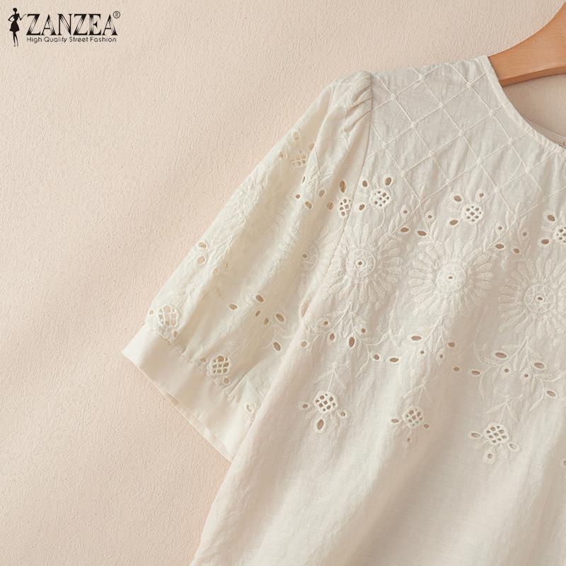 ZANZEA Women Casual Crew Neck Short Sleeve Embroidery Lace Blouse
