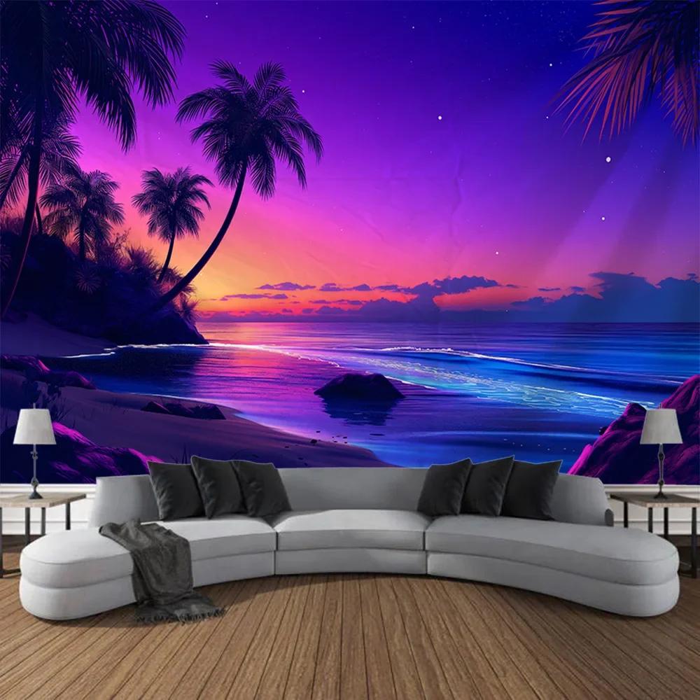 Sea view tapestry printed hanging painting coconut tree sunrise home decoration yoga mat bed sheet living room wall hanging