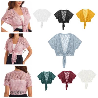 Cárdigan de encaje ahuecado chaqueta bolero manga corta con cordones Top corto cubre ropa de playa