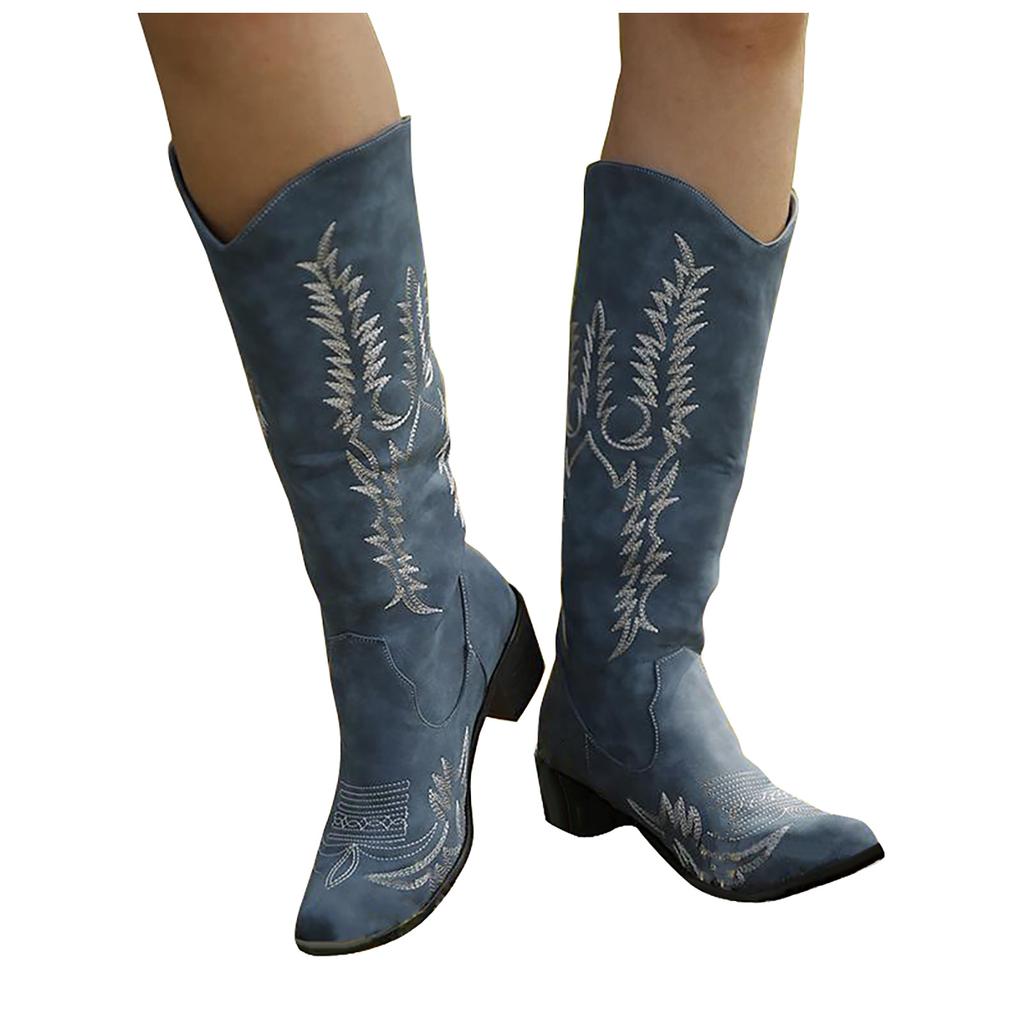 Women's Fashion Large Casual Boots Long Tube Square Heel Embroidered Boots