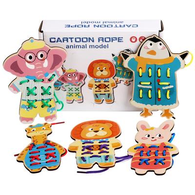 Wooden Cartoon Animal Wearing Rope Threading Board, Changing Clothes and Matching Shoelaces 6-year-old Early Education Educational Toy