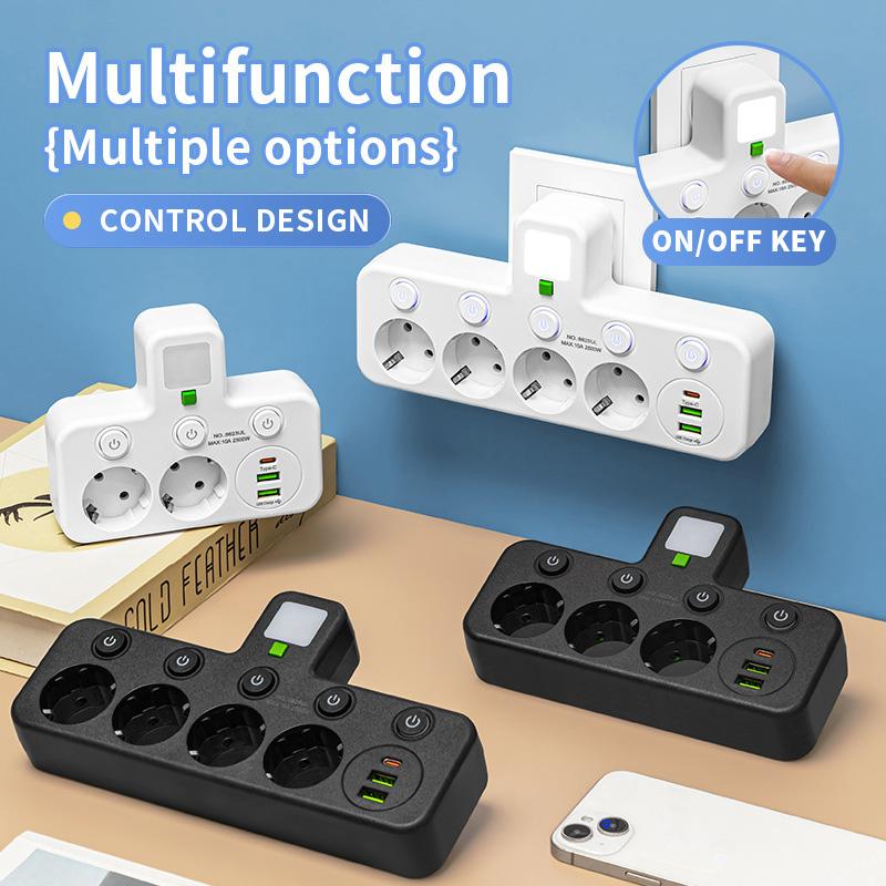 EU Power Strip - AC Sockets, USB & Type-C, 2 Versions Available, Individual Switches + Small Night Light