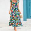 Women's Summer Dresses Casual Ruffled Ruched Tiered A-Line Boho Floral Long Beach Sundress With Pockets