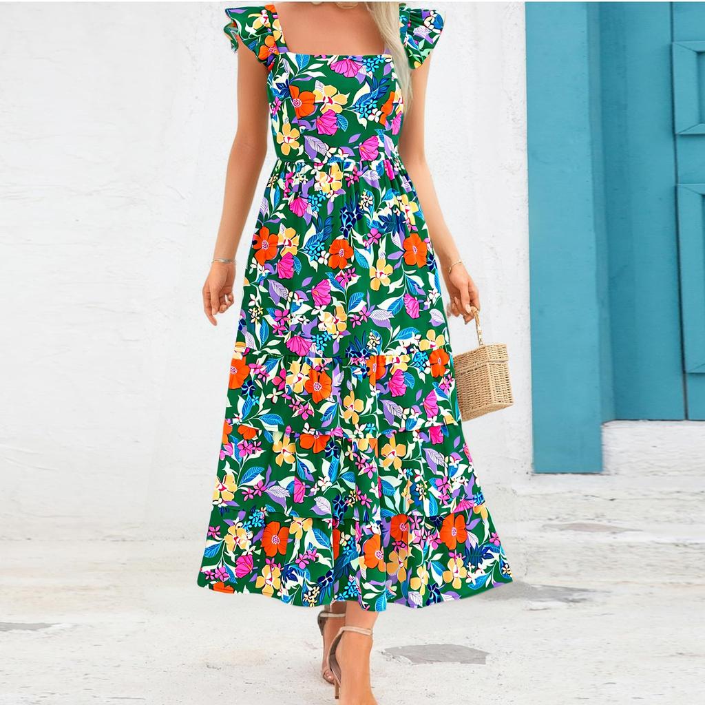 Women's Summer Dresses Casual Ruffled Ruched Tiered A-Line Boho Floral Long Beach Sundress With Pockets