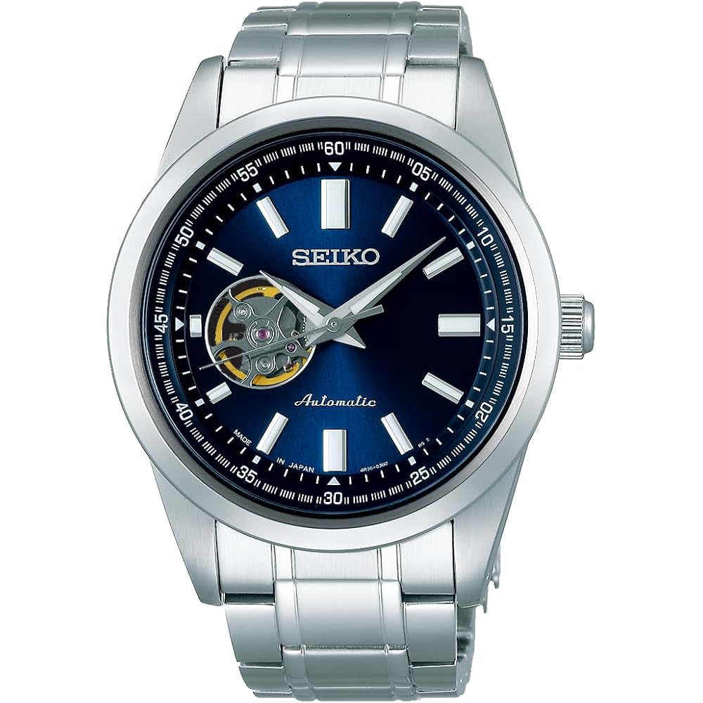 Мужские механические автоматические часы Seiko Selection SCVE051 Синий циферблат Нержавеющая сталь Открытое сердце Прозрачный корпус