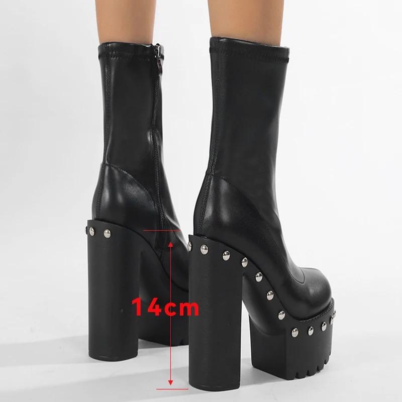 Fashion 14cm Heeled Platform Ankle Boots Woman Round Toe Autumn Shoes Punk Chunky Motorcycle Boots Big Size 43 Ladies High Heels
