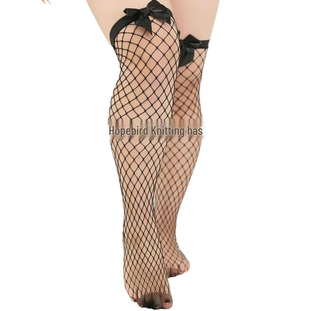 Plus Size Bow Fishnet Thigh-High Stockings - Sexy Black Mesh Cutout Design