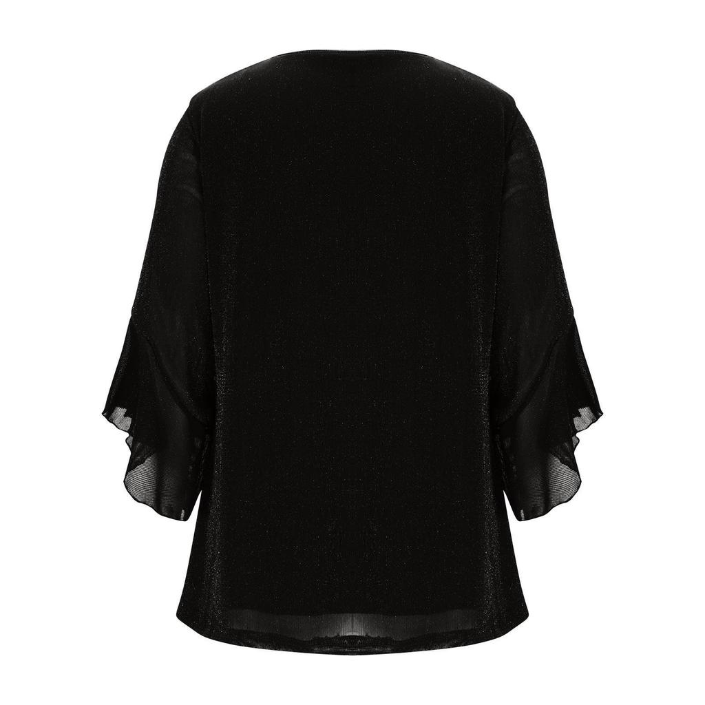 Women's Elegant Ruffled Shiny Stamped Seven-Sleeve Double Layer Mesh Top
