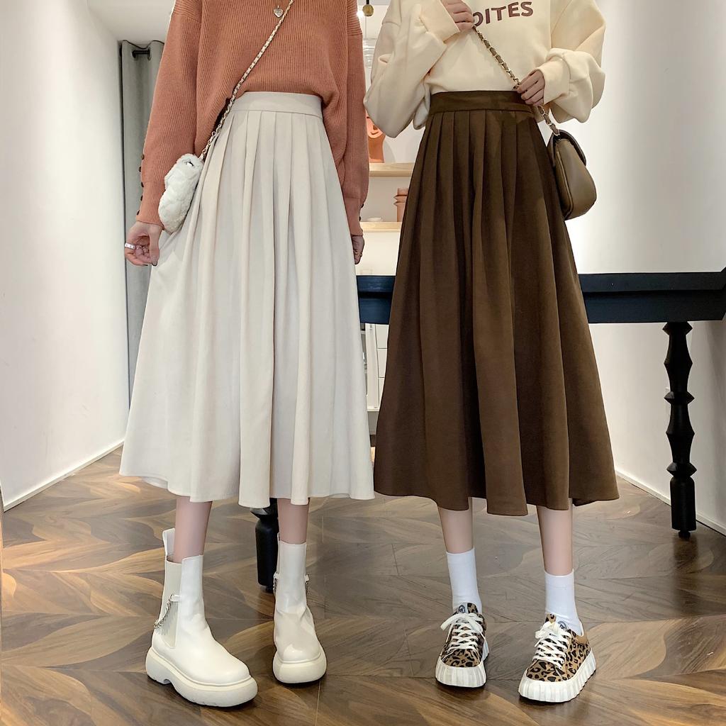 Vintage High Waist Pleated Skirt Women Korean Fashion College Style Long Skirt Ladies Autumn Casual A Line Skirts
