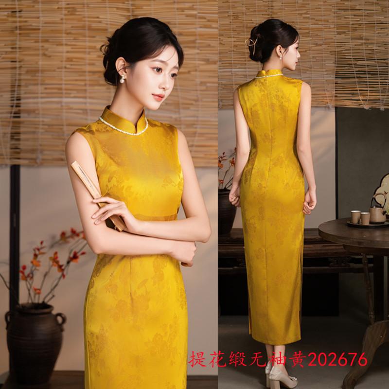 New Chinese style yellow jacquard Hong Kong style sleeveless cheongsam 1011 summer new improved and thin young daily wear
