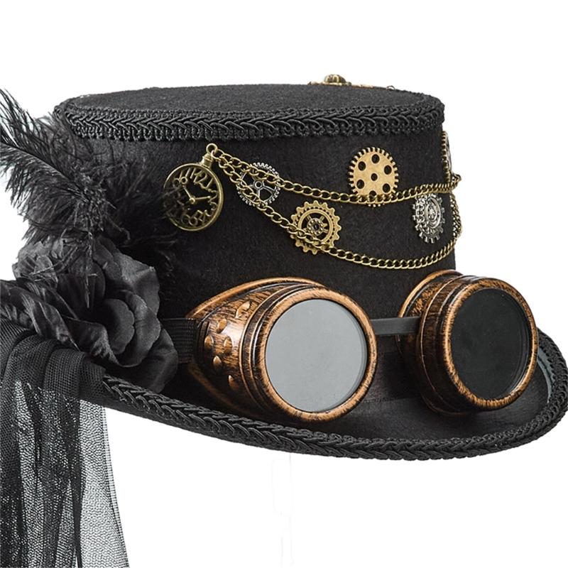 Victorian Theme Lace Veil Top Hat With Goggles Metal Gear Chain And Feather Veil Decors For Steampunk Cosplay Event