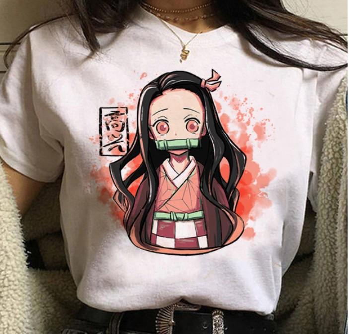 Kawaii Casual Anime Demon Slayer Kimetsu No Yaiba Graphics Female T-Shirt Summer Loose Blouse White Tees O-Neck Women Goth Tops