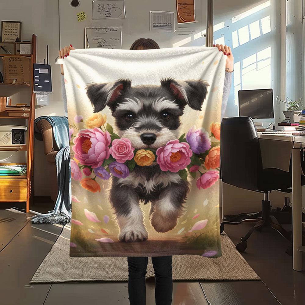 1Pc DogsandFlowers Print Flannel Blanket, High quality Comfortable for All Seasons, Home Decor, Warmth and Comfort, Perfect for Christmas Gifts