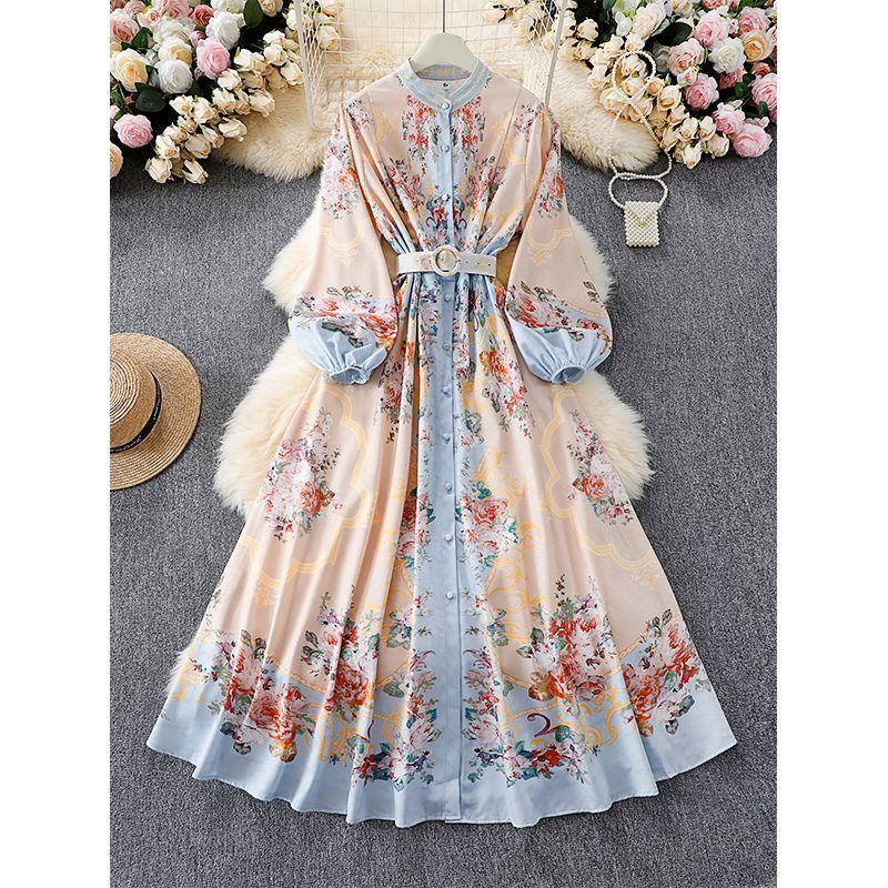 

2025 Новинка Французский стиль Ретро Дворцовое Платье с Цветочным Принтом Женское Весеннее Романтичное Пасторальное Для Чаепития Контроль Талии Большой Подол Длинное Платье Yellow One size