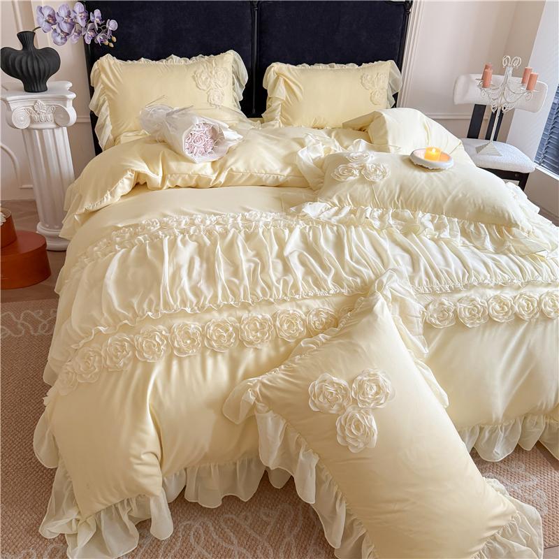 4Pcs Korean Princess Style Flowers Lace Ruffles Bedding Set Queen King Duvet Cover Bed Skirt/Bed Sheet/Fitted Sheet Pillowcase