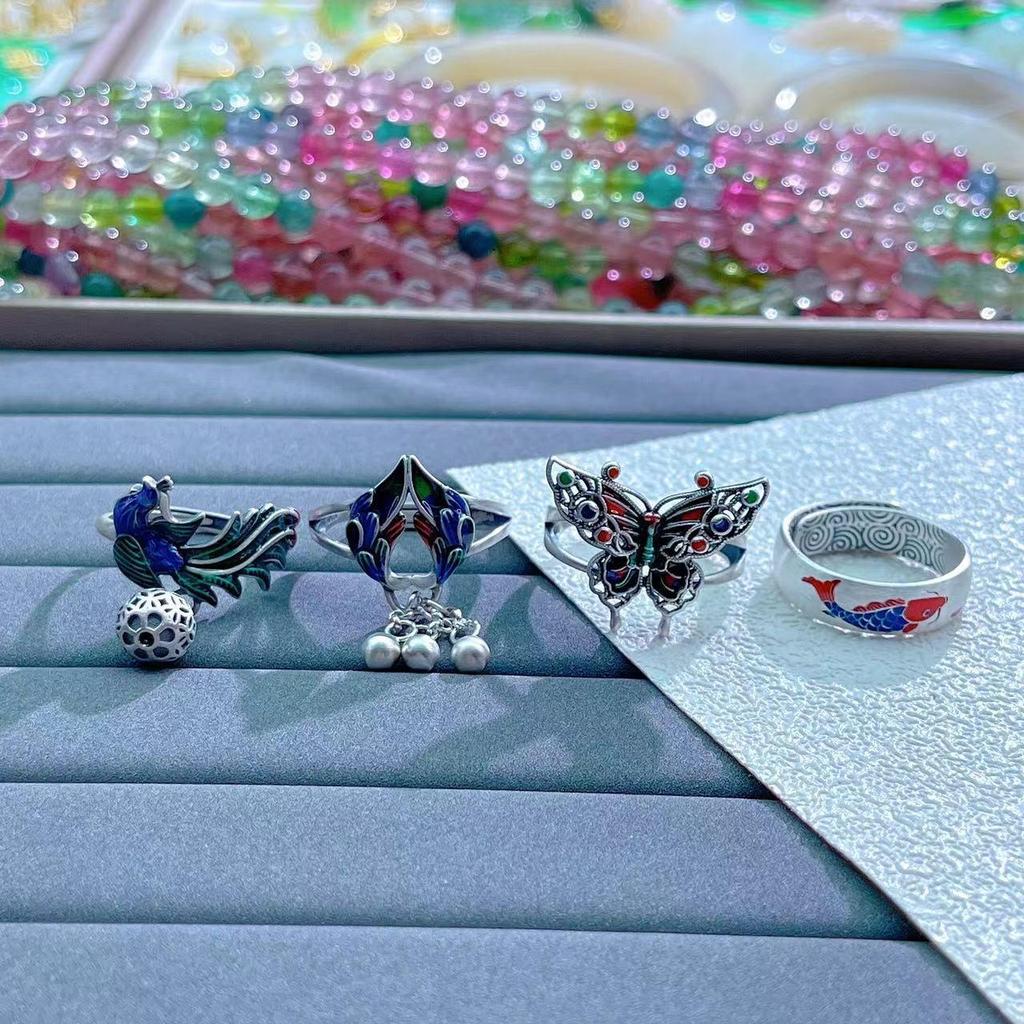 S925 Sterling Silver Cloisonné Enamel Blue Women's Ethnic Tassel Ring