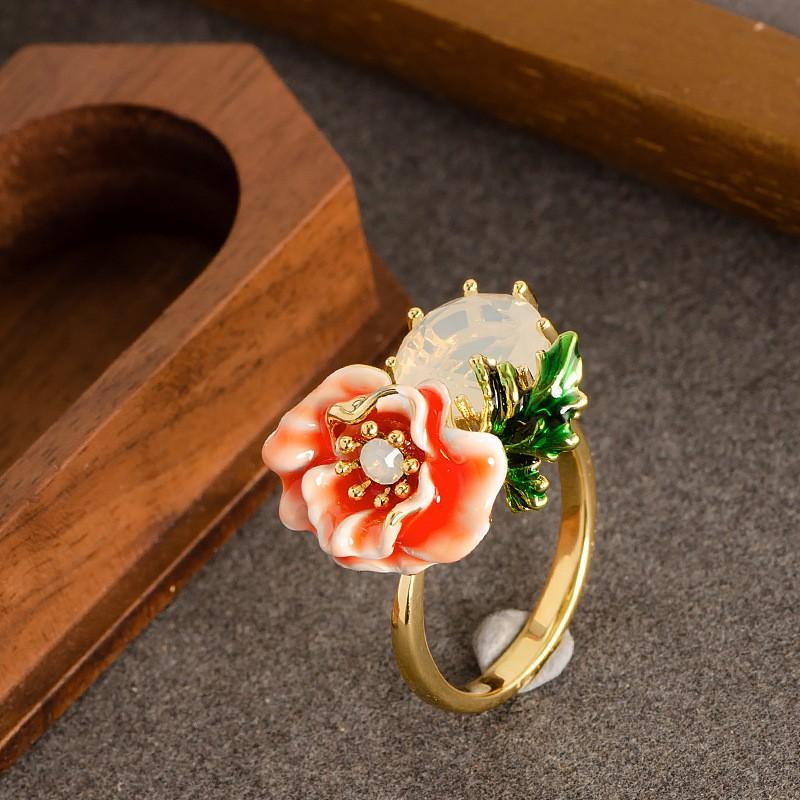 Adjustable Open Ring Women With Enamel Flower Design Zircon Accents Fashion OL Style Copper Jewelry
