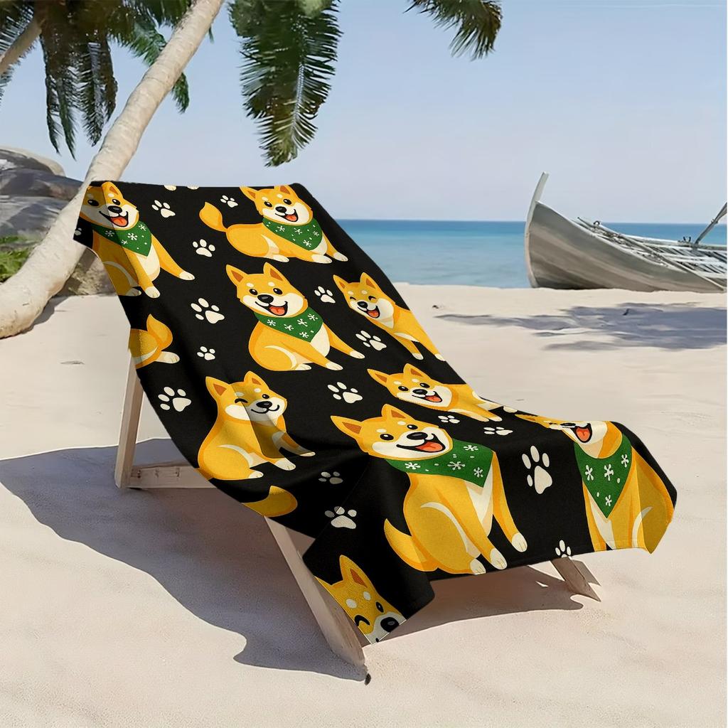 1PC Cute Shiba Inu Soft Beach Towel, Cartoon Paw Print Pattern, Perfect Christmas Gift for Friends Outdoor Holiday Use