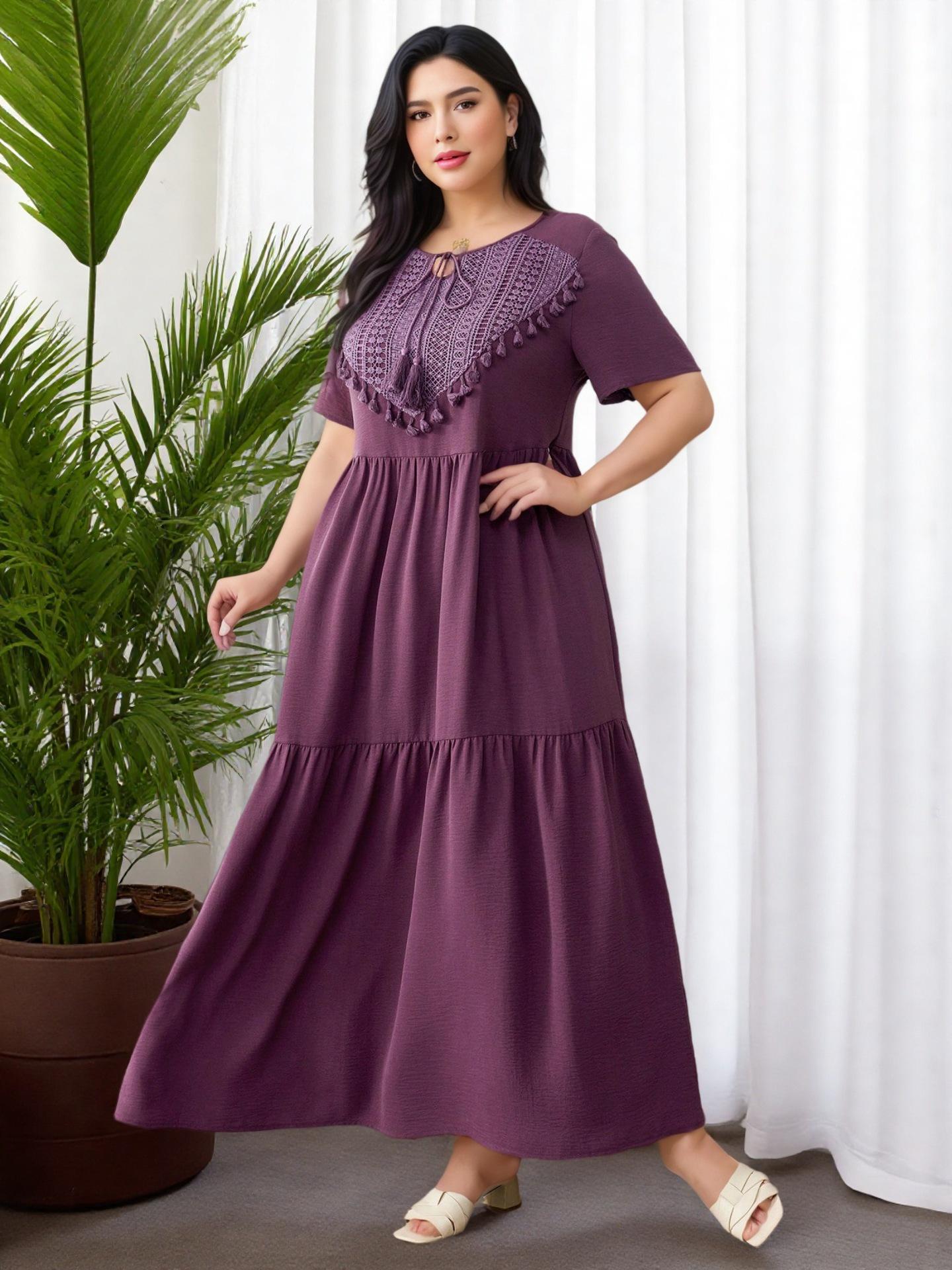 2025 Summer Plus Size Women s Middle Eastern Tassel Design Casual Long Dress 3XL фиолетовый