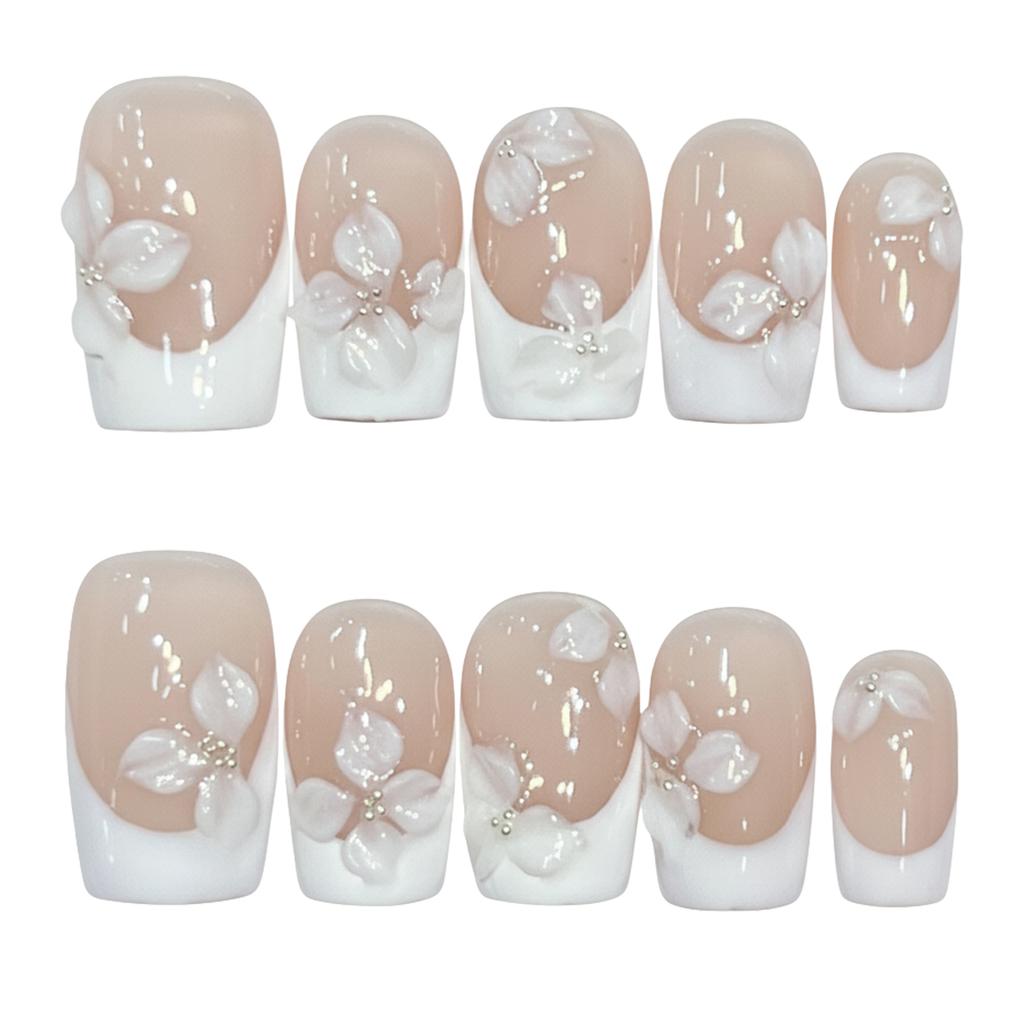 10PCS Nude False Nails with White French Tip Design Natural Look Artificial with Flower Decor for Women Salon Party Wedding