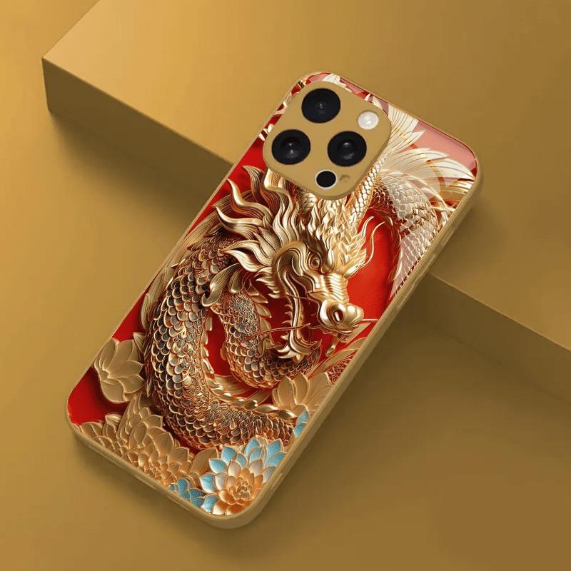 Gouden Draak Print Goud Metallic Verf Glazen Telefoonhoesje Voor iPhone 17 16 15 14 13 12 11 Pro Max 15 14 Plus 17 Air 16E Cover