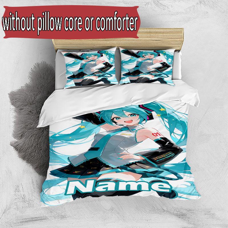 3pcs Duvet Cover Set (1*Duvet Cover + 2*Pillowcase, Without Core), Custom Name Hatsune Miku Pattern Bedding Set, Home Bedroom Decor Gift