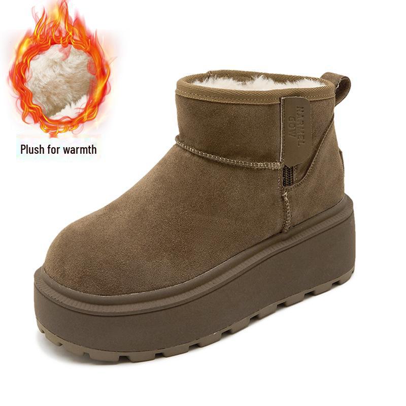 Women's 2024 Warm Leather Snow Boots - Small Size, Low-Top, Non-Slip, Thick-Soled, Height-Enhancing, Plush Winter Short Boots