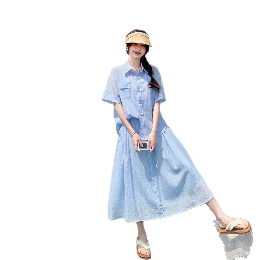 Blue Small Fresh Short-sleeved Shirt Set Skirt Women's Summer New One Set Half-length Skirt Two-piece Set