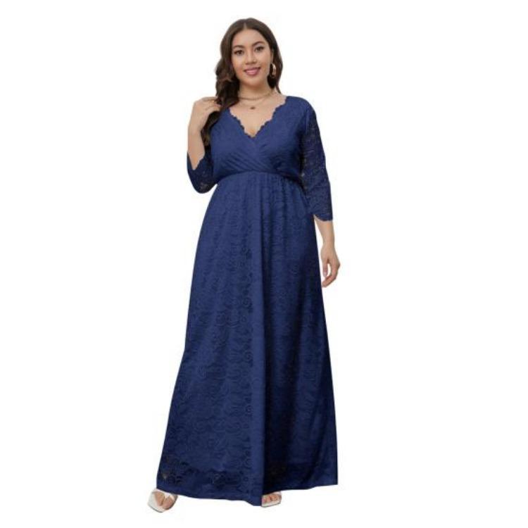 Plus Size Women Maxi Dress High Waist V Neck 3 4 Sleeve Long Dress Lace Flower Embroidery Wedding Vacation Dress