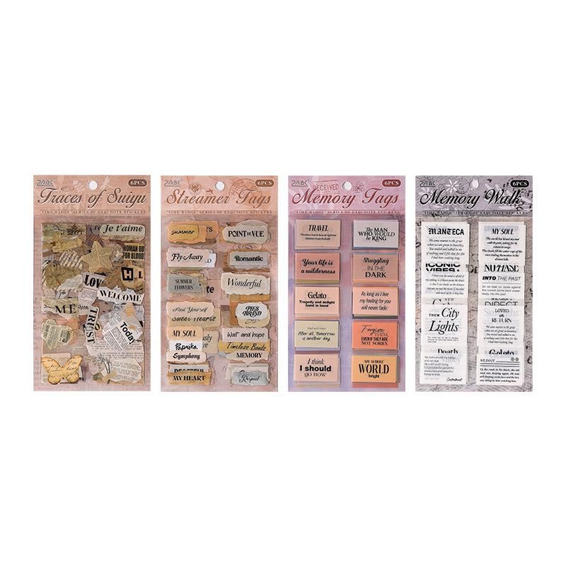 6 Pcs Vintage English Phrase Cut Film PET Stickers Hand Tent Stickers Text Decorative Stickers Aesthetic Sticker Tag