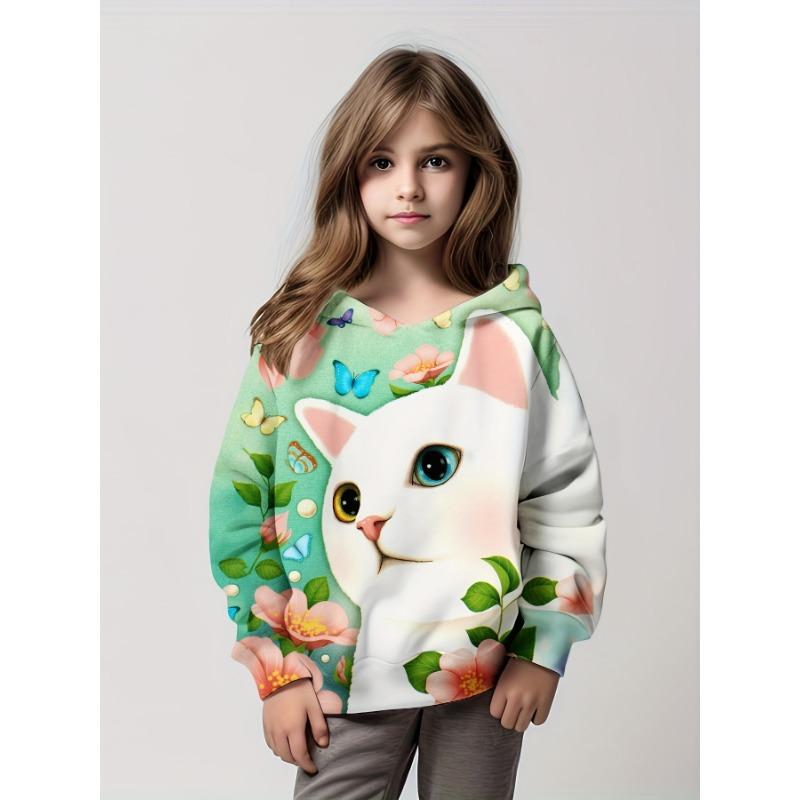 Hoodie Cartoon Cat Pattern Full Print Girl Trendy Sweatshirt Comfort Fit Long Sleeve Jumper Tops Children Kids Clothing Gift
