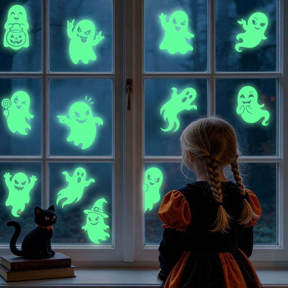 2 Sheet Fluorescent Window Sticker Ghost Pumpkin Eye Pattern Wall Decals Static-cling Stickers Door