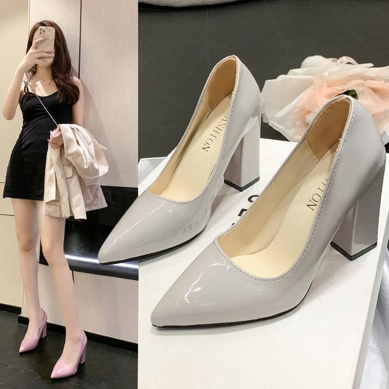 Fashion Big Size Shoes Woman Sandals Ladies Patent Leather Beige High Heels Work Dress Professional Large African 12cm Block Office