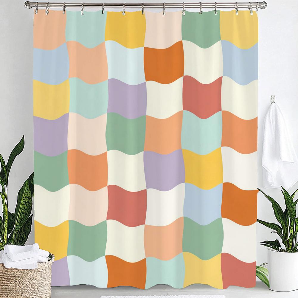 Modern Plaid Grid Print Waterproof Shower Curtain Bathroom Curtain,Hanging Curtain 12 Hooks Decoration Machine Washable