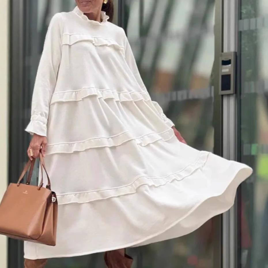 2025 spring and summer new women's clothing long-sleeved splicing round neck ruffle edge dress