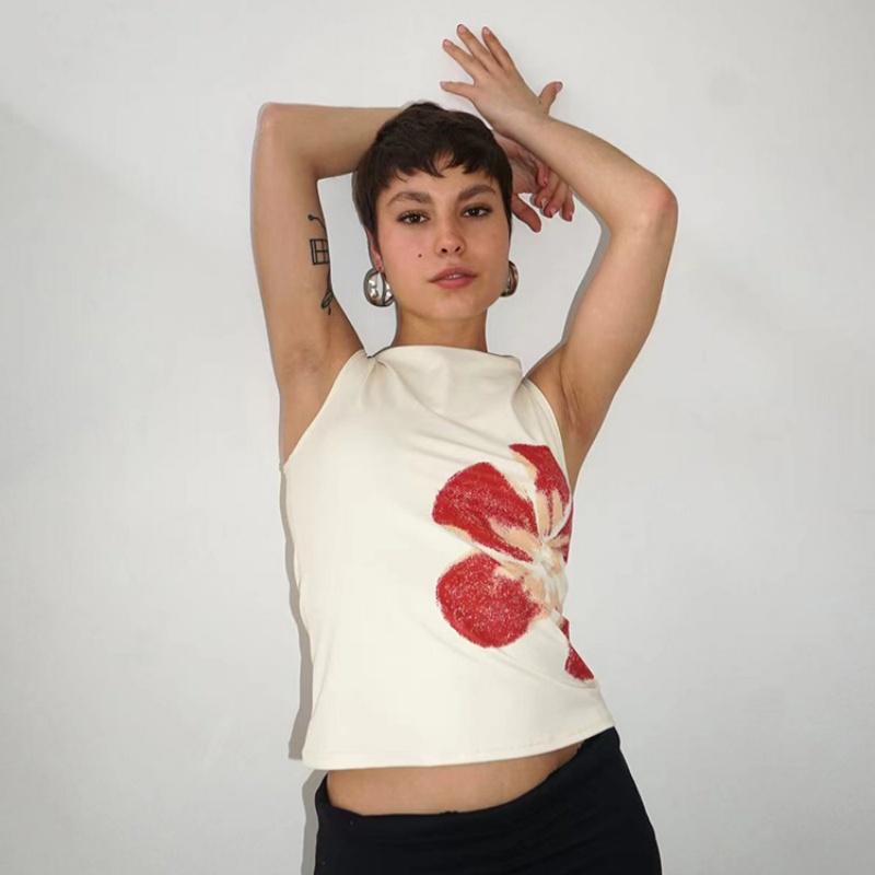 

2025 Новая Мода Женские Укороченные Майки В Облежку С Цветочным Принтом Вырез Лодочкой Без Рукавов Летние Топы для Вечеринки Клуба L белый