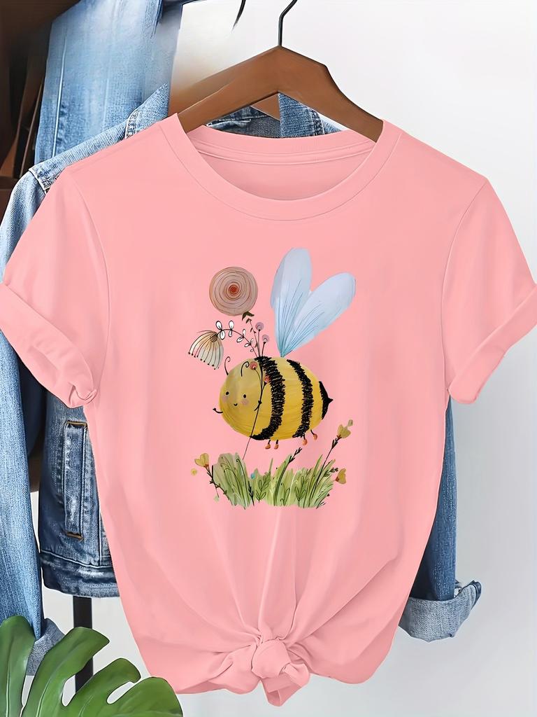 Unisexs Casual Short Sleeve TShirt with Cute Bee Floral Print Round Neck Summer Essential Top Print Top Fashion Unisex Clothing