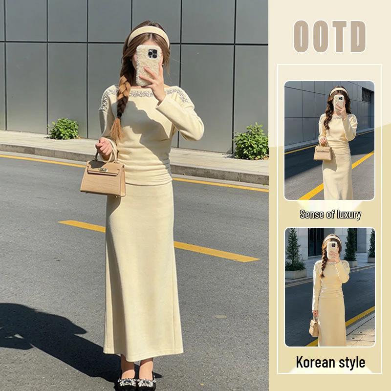 

2026 Spring/Autumn Chic One-Shoulder Top & Apricot Skirt Two-Piece Outfit 2XL [Recommended 125-140 lbs]