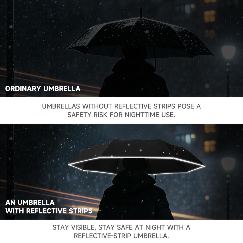 Guarda-sol à Prova de Vento e Chuva com Halo Refletor e Lâmpada Projetora LED à Noite, UPF50+, Guarda-chuva de Dobra Inversa, 8 Varetas Reforçadas.