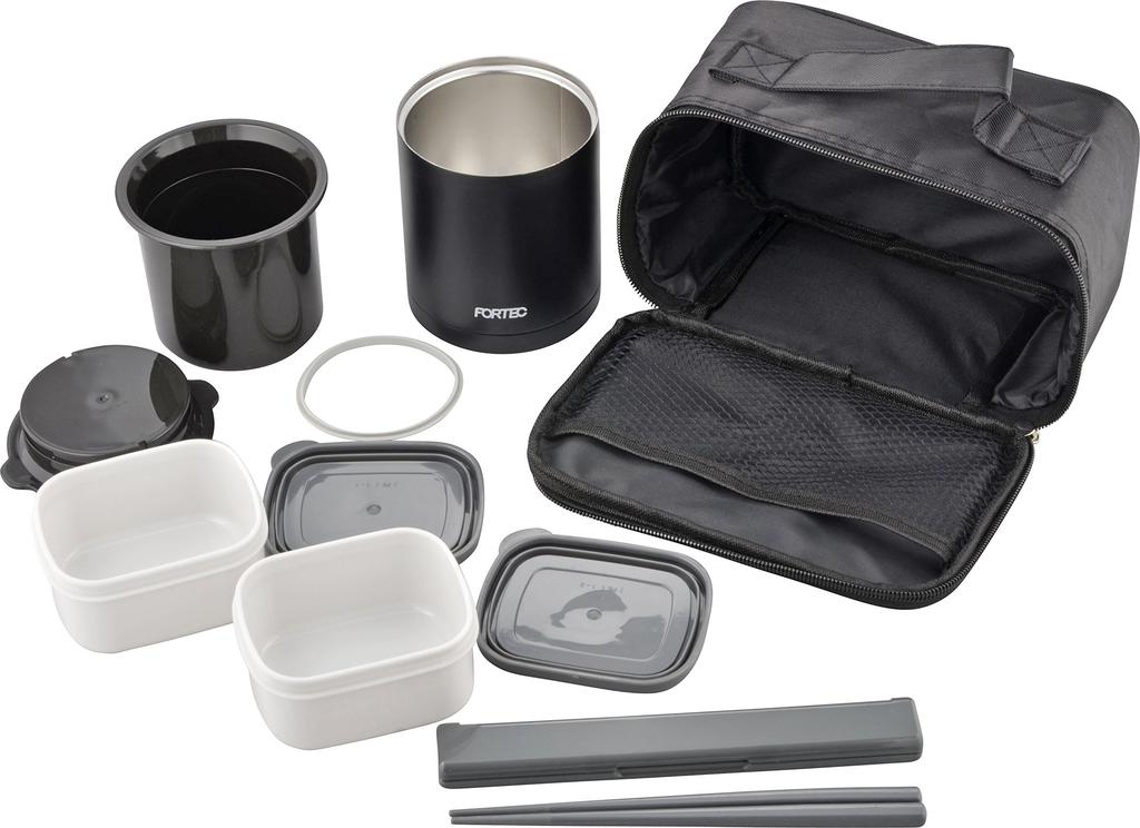 Wahei Freiz Bento Box, 640ml, Black, Slim, with Rice Container, Two Side Dish Containers, Chopsticks, and Insulated, Fortec Lunch, FLR-5957