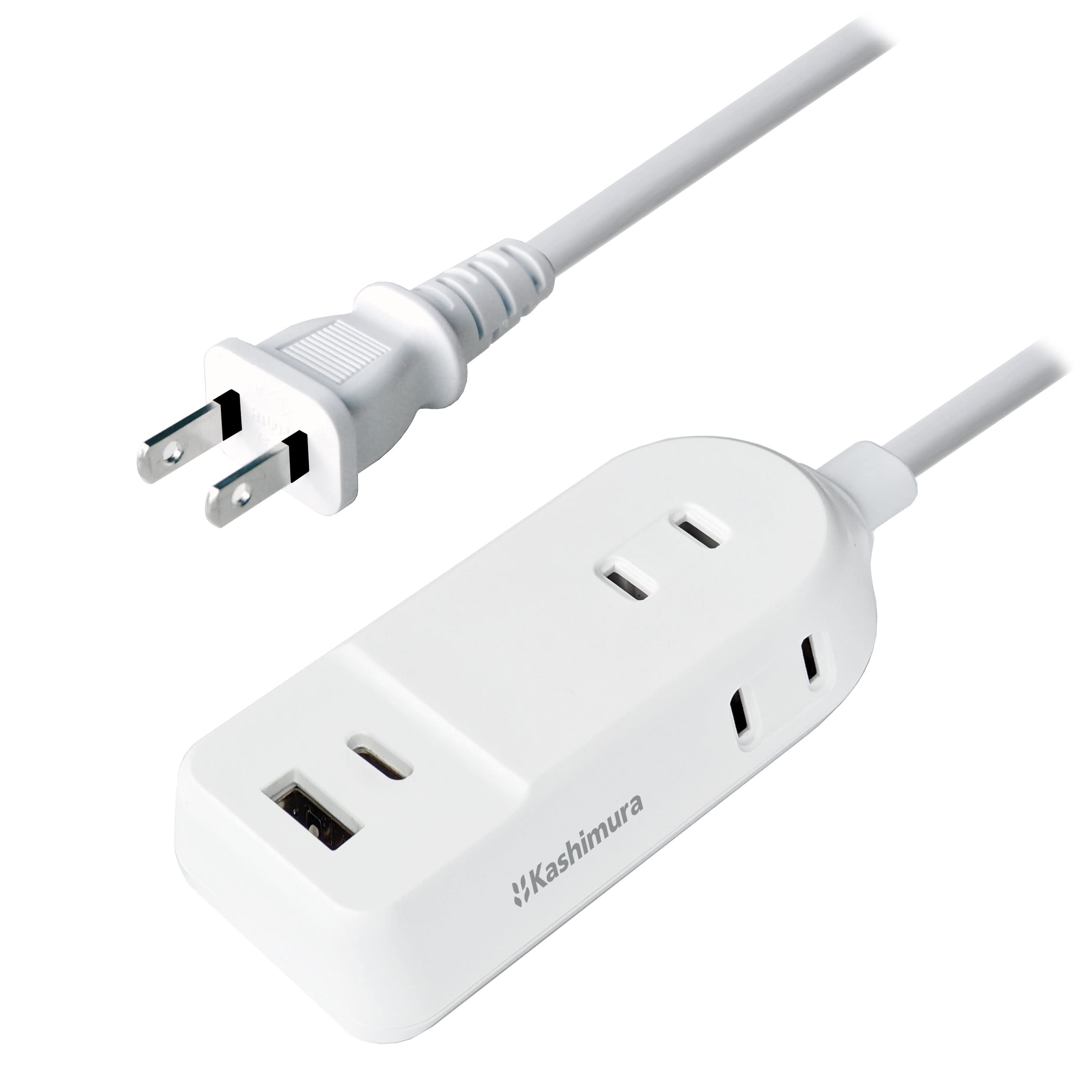 

Kashimura Reversible USB+Type-C Power Strip with 2m Cord, 1 USB-A Port, 1 USB-C Port, and 3 AC Outlets, NAC-043, White