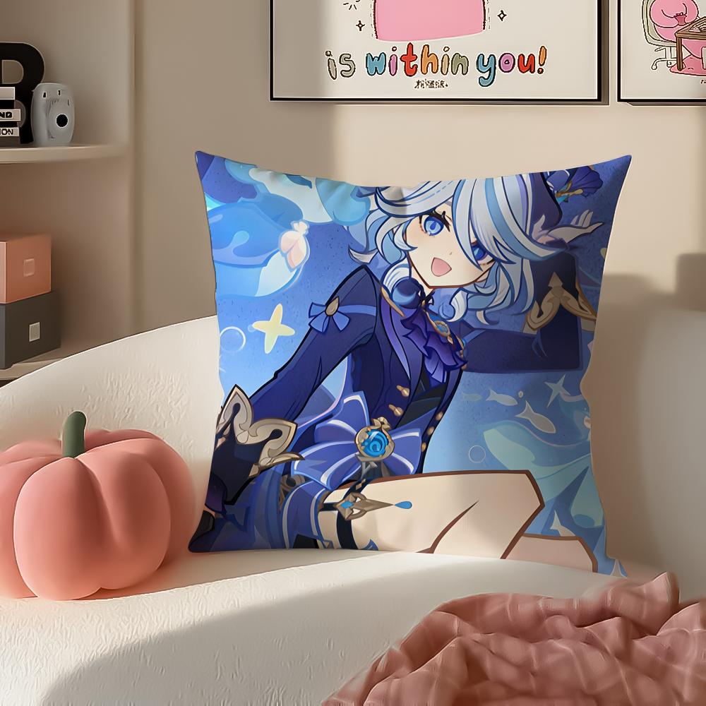 Game Genshin Furina Cushion Cover Pillowcase Short Plush Invisible Zipper Room Sofa Cushion Cover
